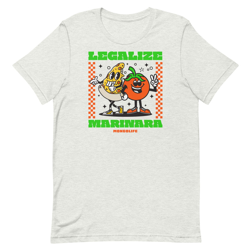 Ash color, T-shirt with 'Legalize Marinara' design featuring cartoon pizza and tomato characters, in the style of a vintage pizza box.