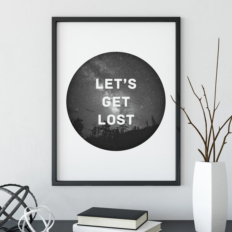 Minimalist poster with “Let’s Get Lost” text over a starry night sky in a circular design.