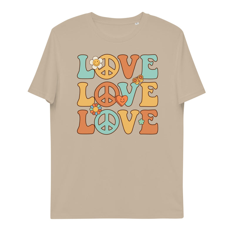 t-shirt with "Love Love Love" design, hippie