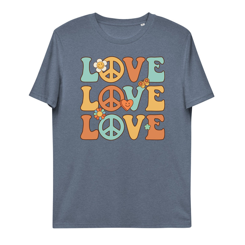 t-shirt with "Love Love Love" design, hippie