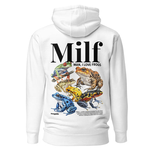 Man I Love Frogs hoodie in White, with a colorful frog illustration and playful text design.