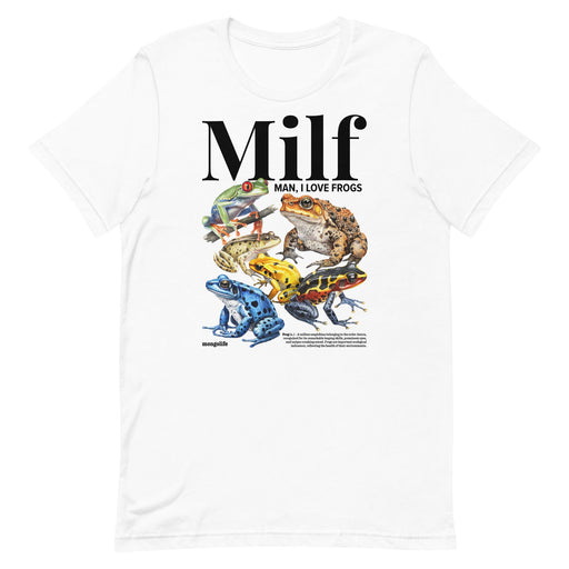 "Man I Love Frogs" t-shirt in White, featuring colorful frog collage and playful text.