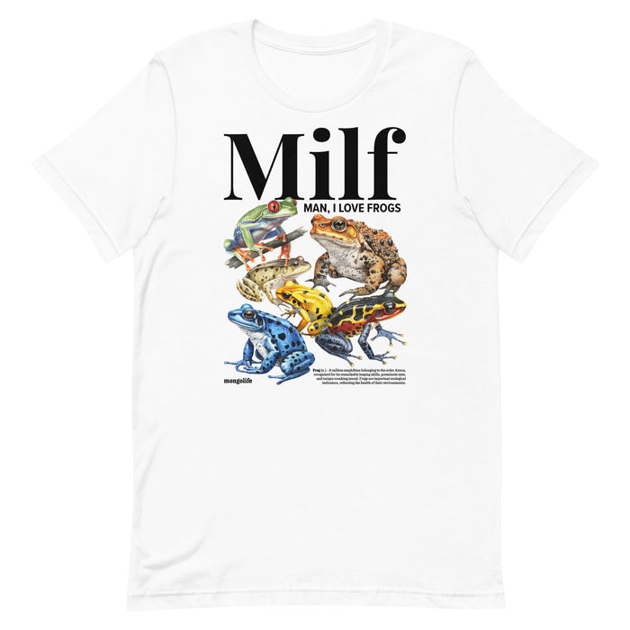 "Man I Love Frogs" t-shirt in White, featuring colorful frog collage and playful text.