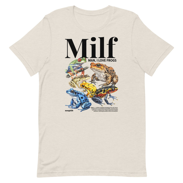 "Man I Love Frogs" t-shirt in Heather Dust, featuring colorful frog collage and playful text.