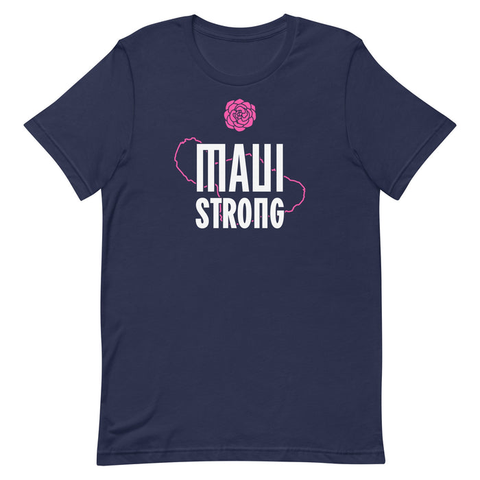maui strong t-shirt in navy color with the pink lokelai rose and map of the island of maui