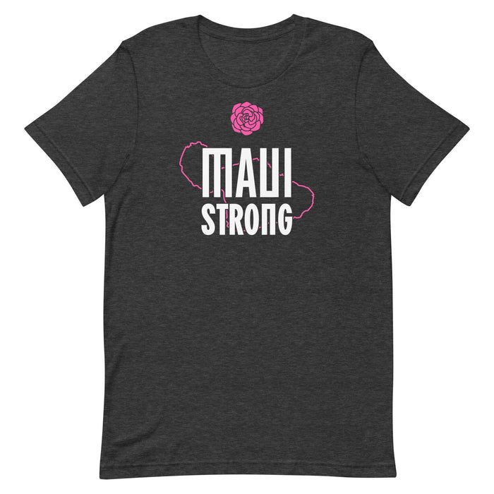 maui strong t-shirt in heather gray with the pink lokelai rose and map of the island of maui