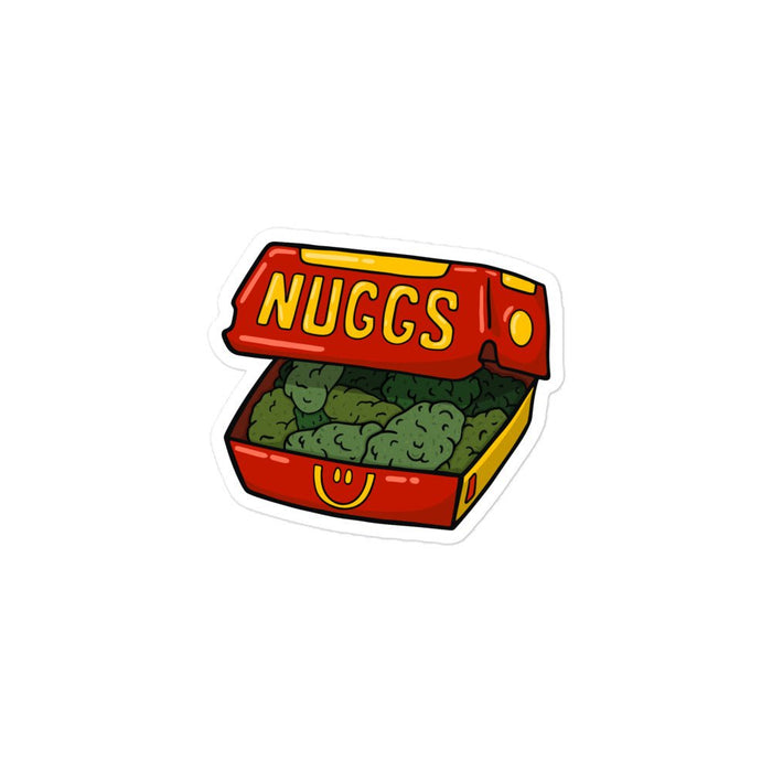 McNuggs Sticker, featuring a fast-food box design filled with illustrated cannabis nugs, on a white background.