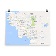 Modern map-style poster of Middle-Earth with detailed roads, cities, and landmarks.