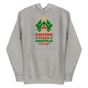 Cozy carbon grey hoodie with Nakatomi Plaza as a Christmas tree design, inspired by the movie Die Hard.