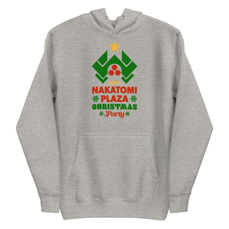 Cozy carbon grey hoodie with Nakatomi Plaza as a Christmas tree design, inspired by the movie Die Hard.
