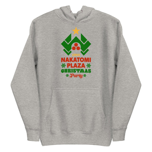 Cozy carbon grey hoodie with Nakatomi Plaza as a Christmas tree design, inspired by the movie Die Hard.
