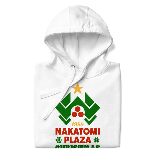 Folded hoodie with Nakatomi Plaza as a Christmas tree design, inspired by the movie Die Hard.