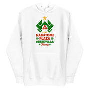 Cozy white hoodie with Nakatomi Plaza as a Christmas tree design, inspired by the movie Die Hard.