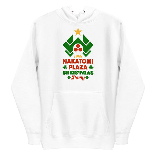 Cozy white hoodie with Nakatomi Plaza as a Christmas tree design, inspired by the movie Die Hard.