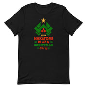 Nakatomi Plaza logo as a Christmas tree on a black t-shirt, inspired by Die Hard.