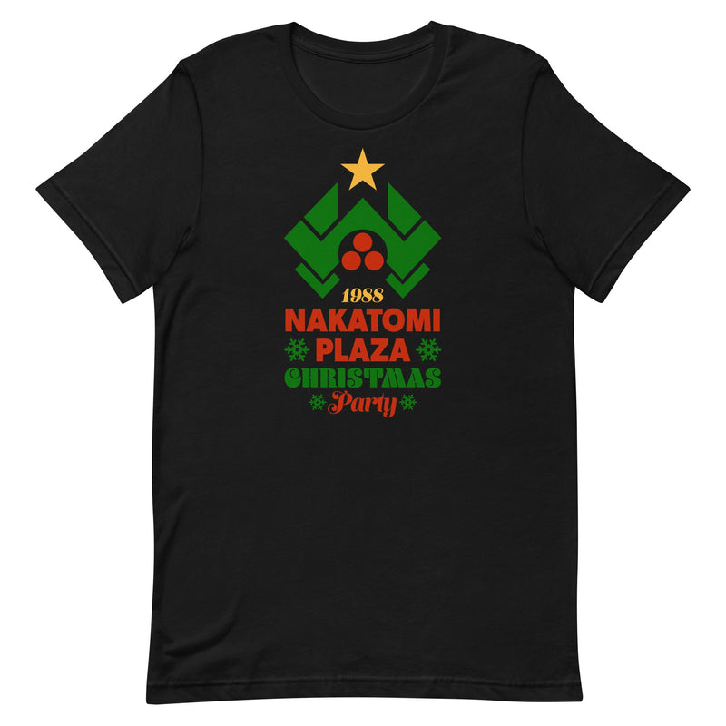 Nakatomi Plaza logo as a Christmas tree on a black t-shirt, inspired by Die Hard.