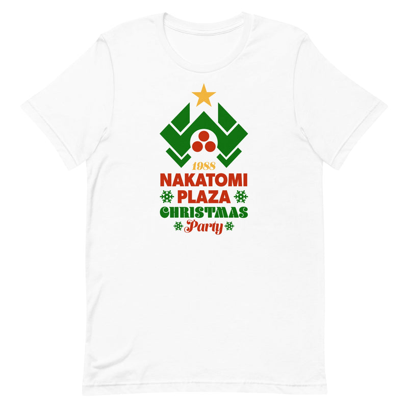 Nakatomi Plaza logo as a Christmas tree on a t-shirt, inspired by Die Hard.