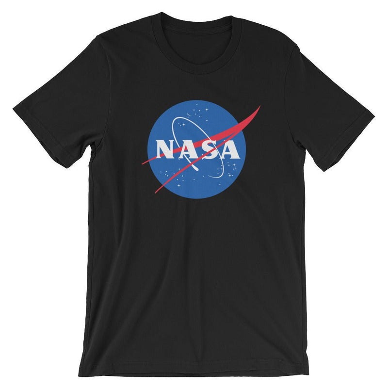Black t-shirt featuring the classic NASA logo with a blue circle and red swoosh.