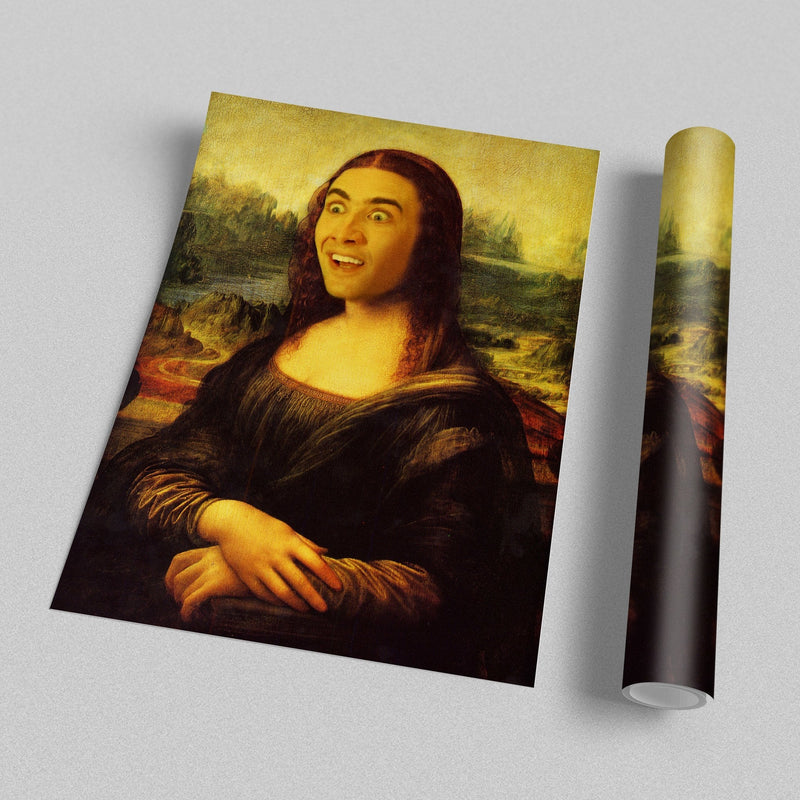 Poster of Nicolas Cage’s face edited onto the Mona Lisa painting.