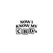 Flat lay of the Now I Know My CBDs Sticker on a white background, showing its clean design that features a CBD-inspired take on the alphabet song.