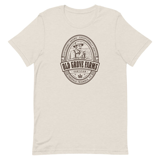 Old Grove Farms Unisex T-Shirt featuring a vintage line art logo of a cannabis farmer from California's Old Grove Farms, rolling a joint.