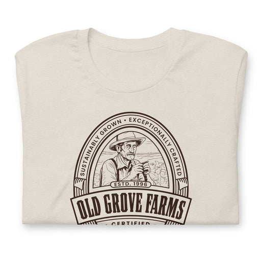 Folded Old Grove Farms Unisex T-Shirt featuring a vintage line art logo of a cannabis farmer from California's Old Grove Farms, rolling a joint.