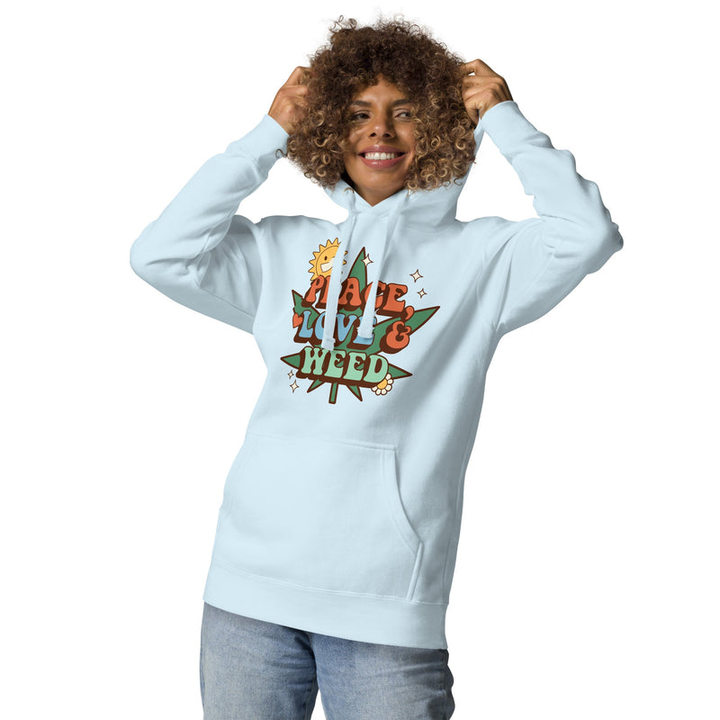 hoodie with "Peace Love and Weed" design, hippie, weed