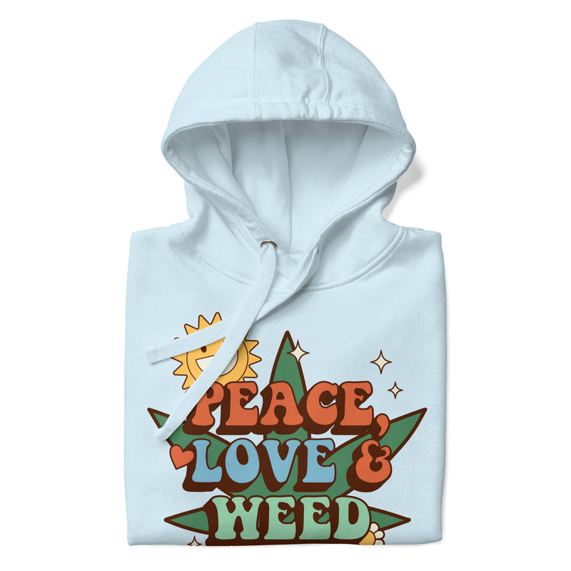 hoodie with "Peace Love and Weed" design, hippie, weed