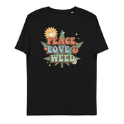 t-shirt with "Peace, Love & Weed" design, hippie, weed