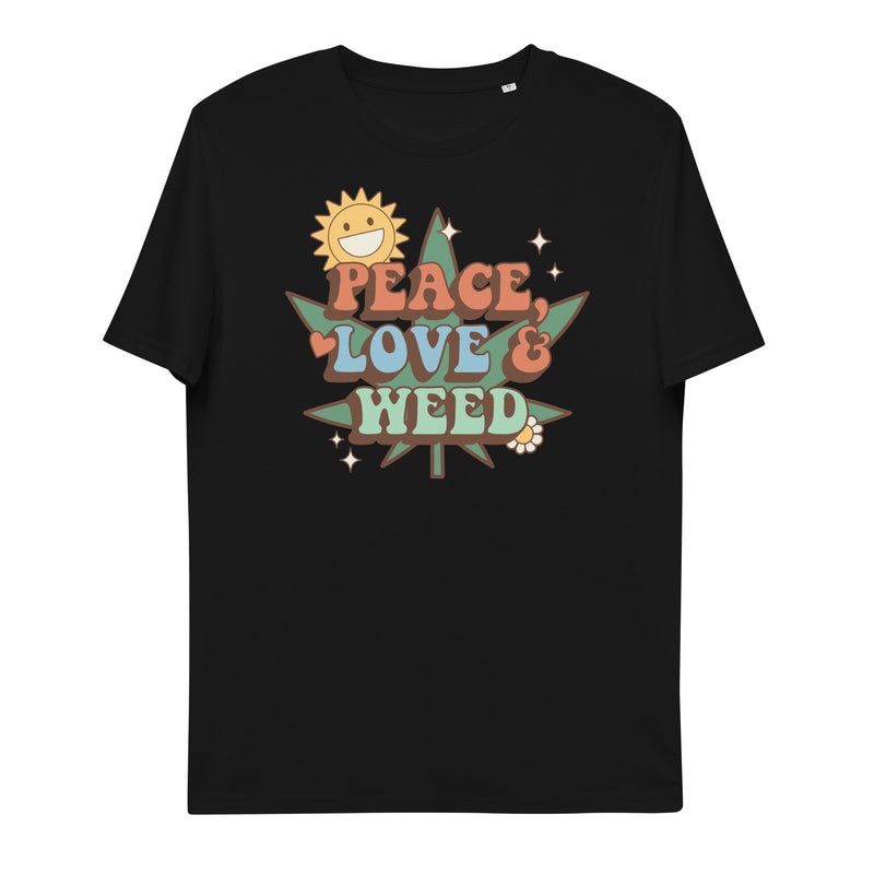 t-shirt with "Peace, Love & Weed" design, hippie, weed