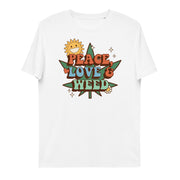 t-shirt with "Peace, Love & Weed" design, hippie, weed