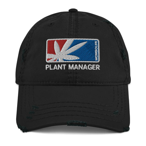 Dad hat featuring a retro-looking logo in red, white, and blue with the words "Plant Manager" and a discreet cannabis leaf.