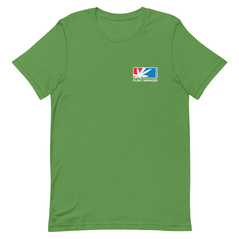 green Unisex T-shirt with retro logo featuring a discreet cannabis leaf and the words "Plant Manager".