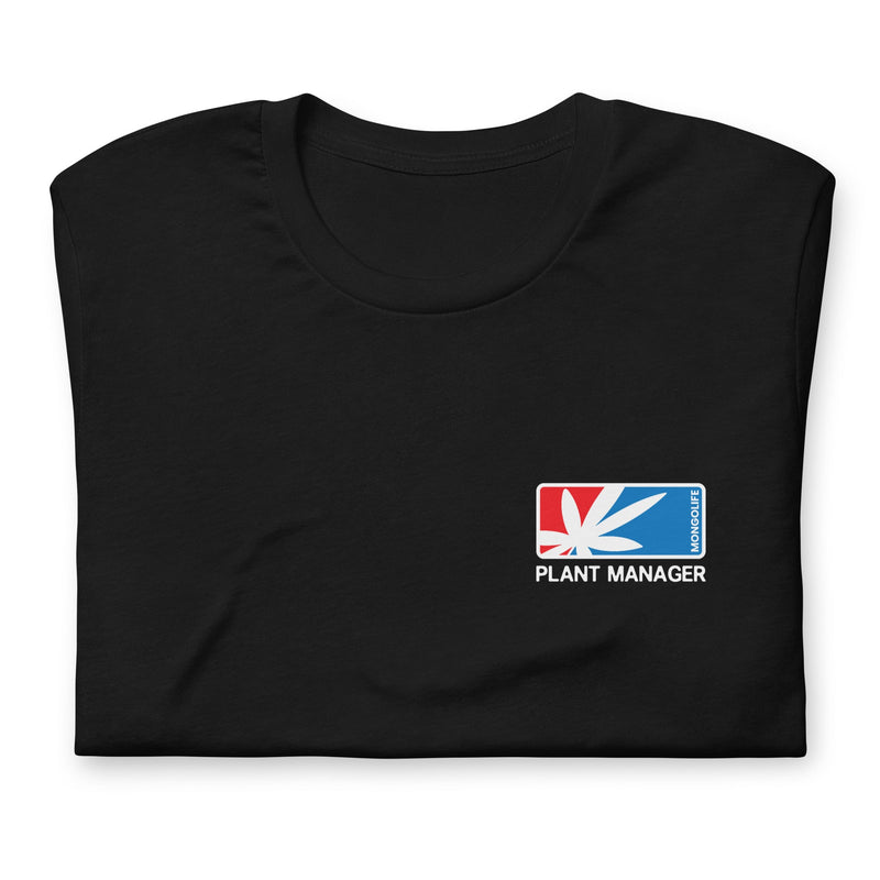 black folded Unisex T-shirt with retro logo featuring a discreet cannabis leaf and the words "Plant Manager".