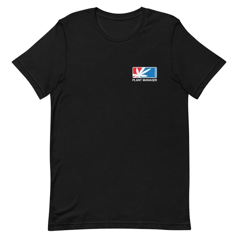 black Unisex T-shirt with retro logo featuring a discreet cannabis leaf and the words "Plant Manager".