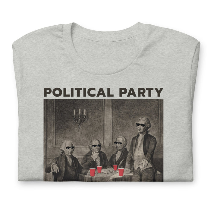folded heather "Political Party" t-shirt depicting Adams, Morris, Hamilton, and Jefferson with red solo cups