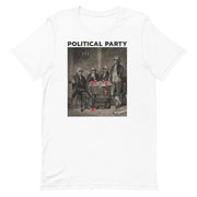 white color. "Political Party" t-shirt depicting Adams, Morris, Hamilton, and Jefferson with red solo cups