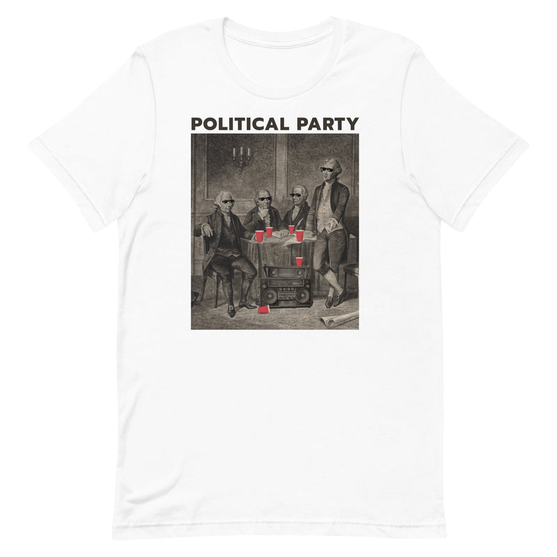white color. "Political Party" t-shirt depicting Adams, Morris, Hamilton, and Jefferson with red solo cups