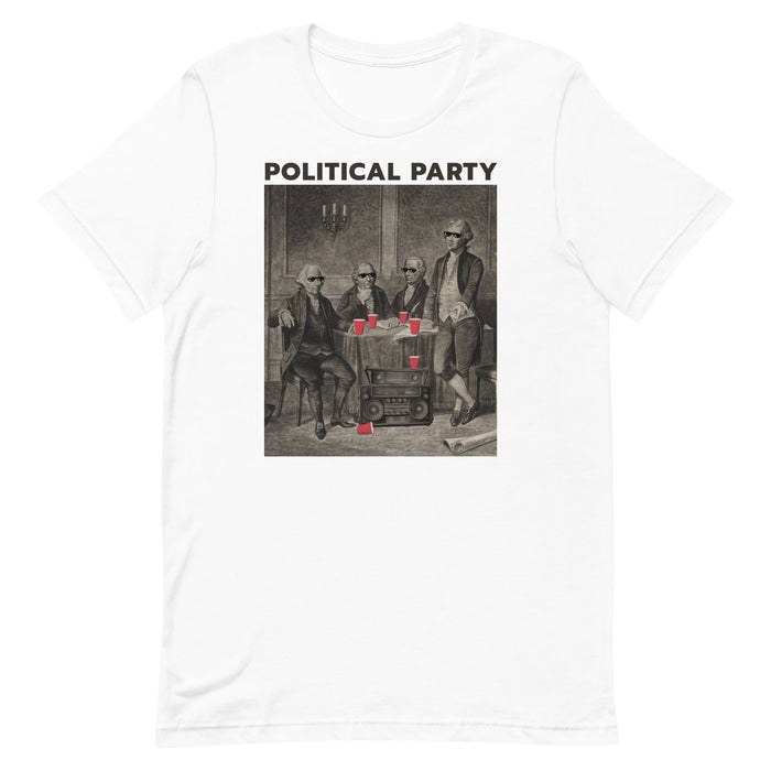 white color. "Political Party" t-shirt depicting Adams, Morris, Hamilton, and Jefferson with red solo cups