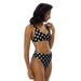 Front of Polka Pot High-waisted Bikini on a model with a white background, showcasing its unique cannabis nug-pattern replacing traditional polka dots.