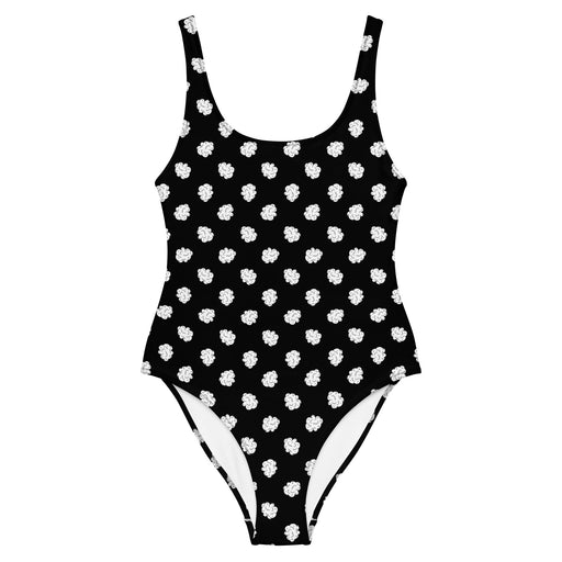 Black and white polka dot cannabis nugs on a swimsuit