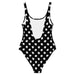 back view of black and white polda dot cannabis swimsuit