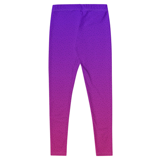 A flat-laid pair of Purple Blast leggings showcasing a vibrant purple gradient design against a white background.