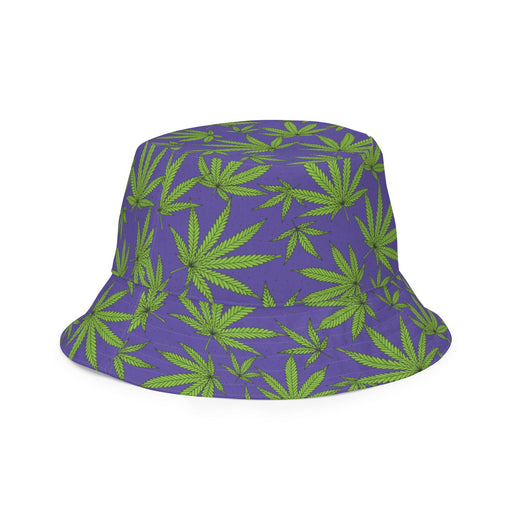 Reversible Weed Leaf Bucket Hat with Green Leaves and Purple Background