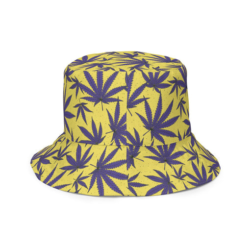 Reversible Weed Leaf Bucket Hat with Purple Leaves and Yellow Background