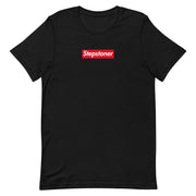 Black t-shirt with “Stepstoner” in bold white text on a red rectangle.
