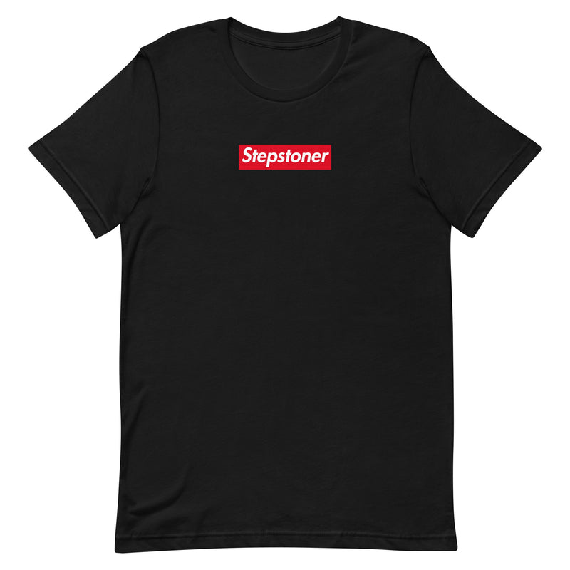 Black t-shirt with “Stepstoner” in bold white text on a red rectangle.