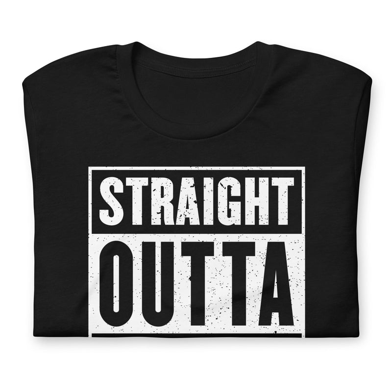 Folded Black t-shirt with bold white text reading “Straight Outta Shape.”