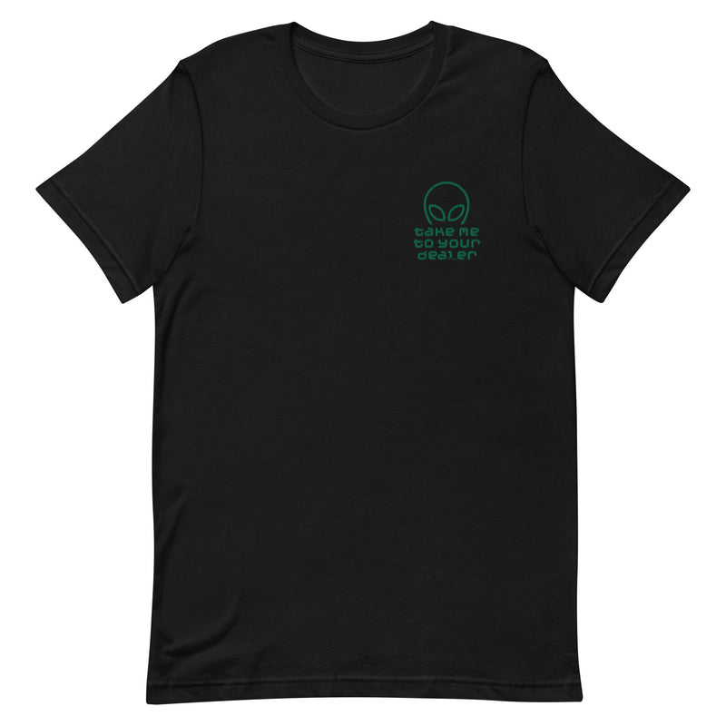 Black T-shirt featuring an embroidered alien design and cheeky ‘Take Me to Your Dealer’ text on the chest.