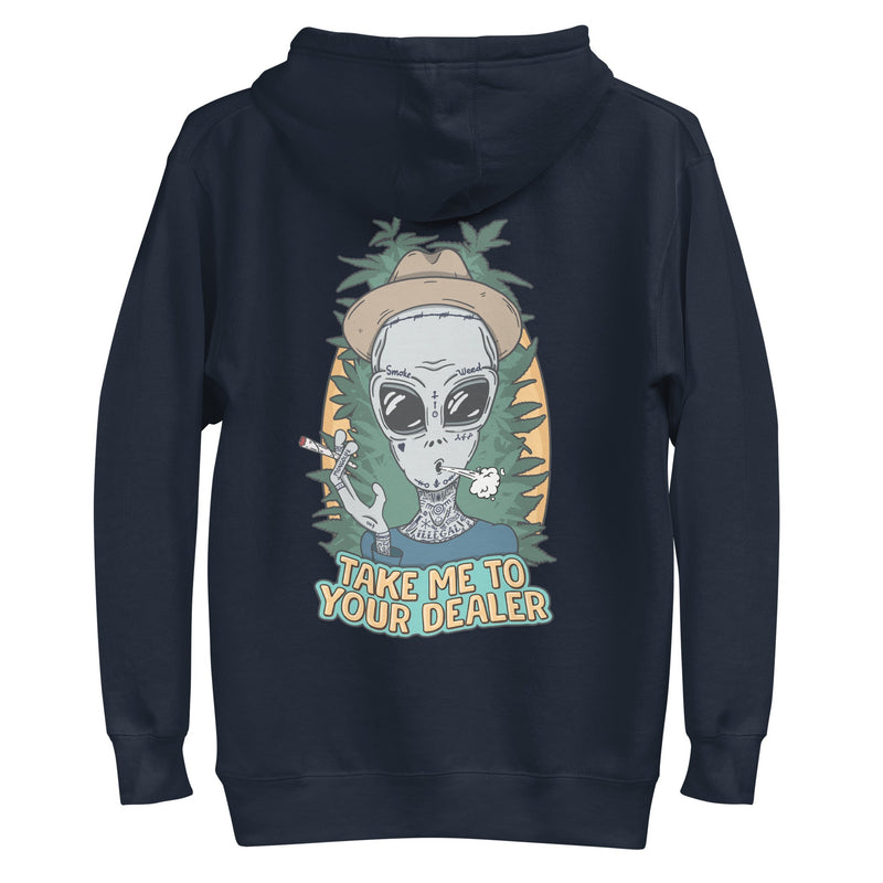 hoodie with "Take Me To Your Dealer" design, weed